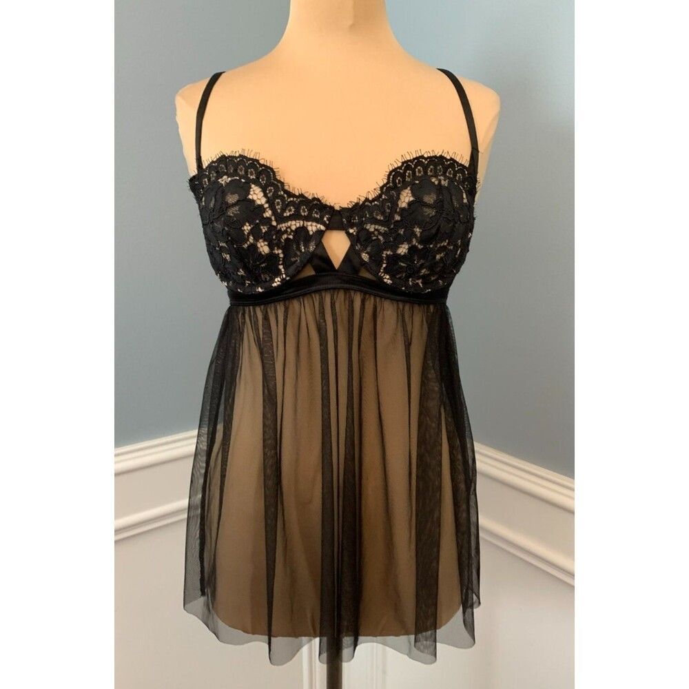 Victoria's Secret Babydoll Chemise Size 36D Sheer Black Imtimate Sexy Lingerie